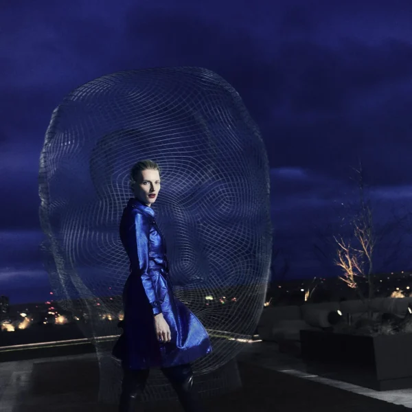 Person in shiny blue coat stands at night before a large translucent wireframe head sculpture.