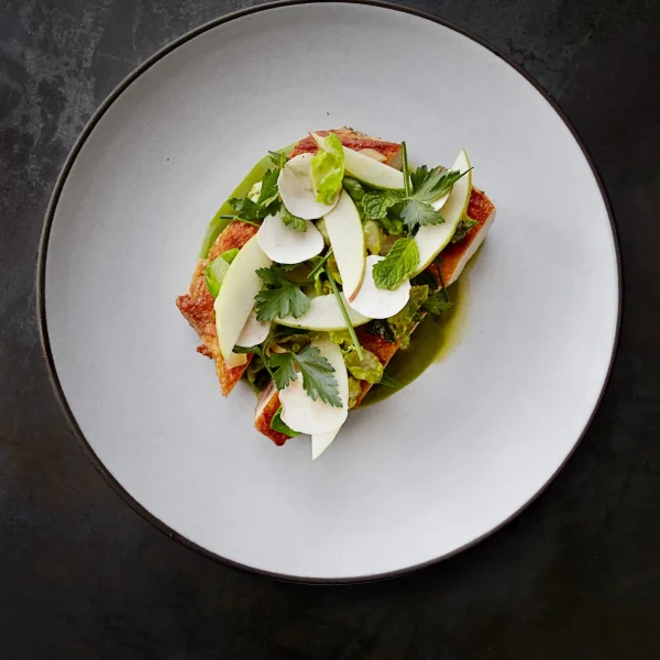 Minimalist white plate with rectangular dish topped with thin vegetables, herbs, and green sauce.
