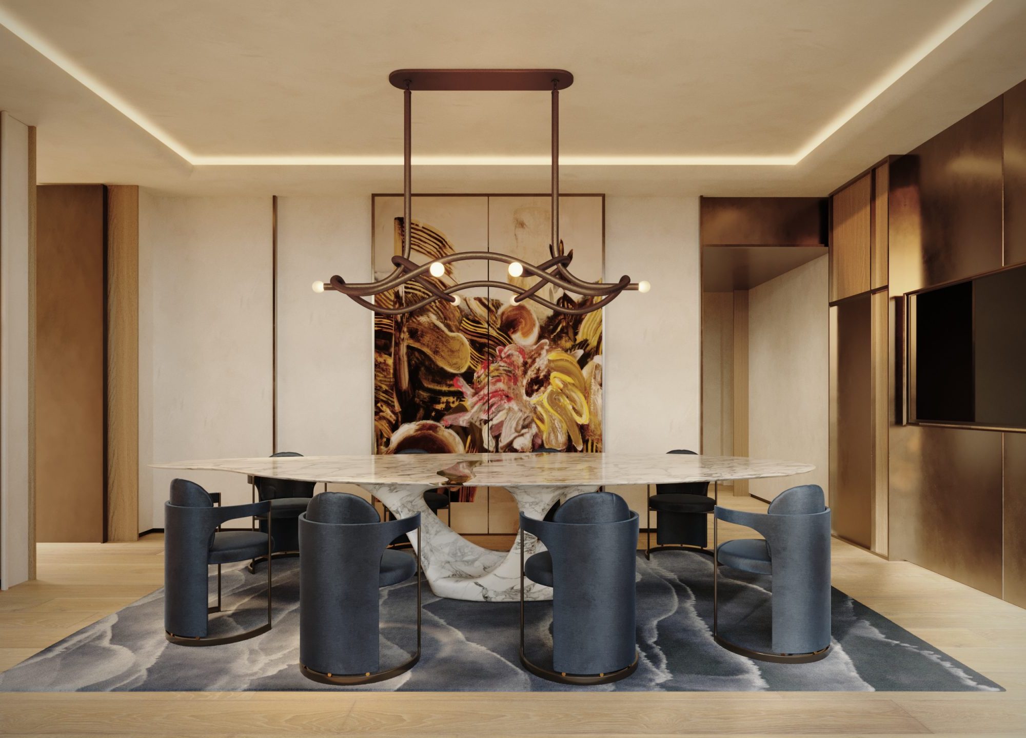 Elegant dining room with marble oval table, blue upholstered chairs, abstract artwork, and sculptural chandelier.