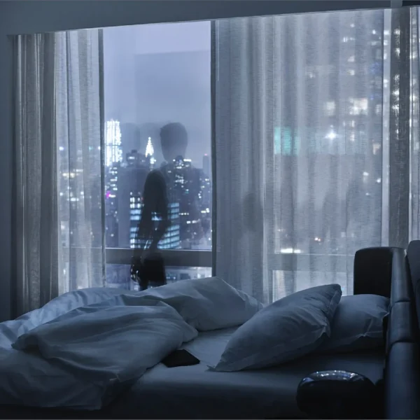 Silhouetted figure standing by window in dim bedroom with unmade bed and NYC skyline at night
