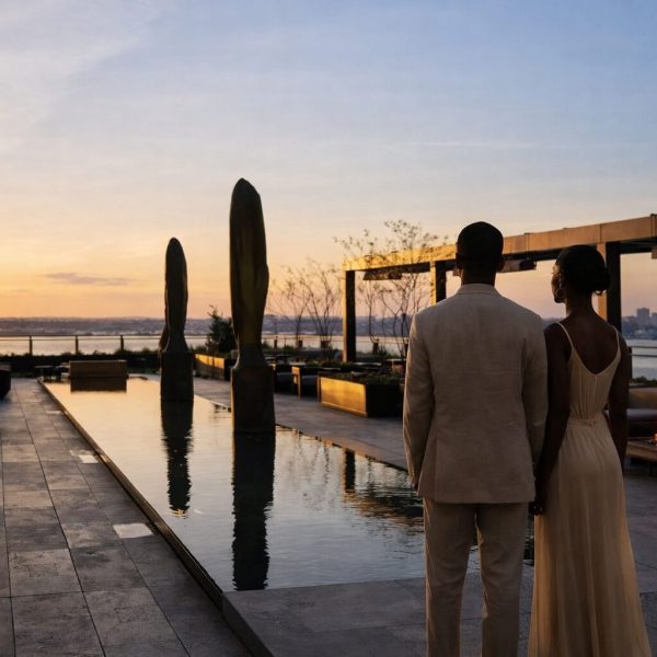 Silhouetted couple on Equinox rooftop terrace overlooking NYC at sunset